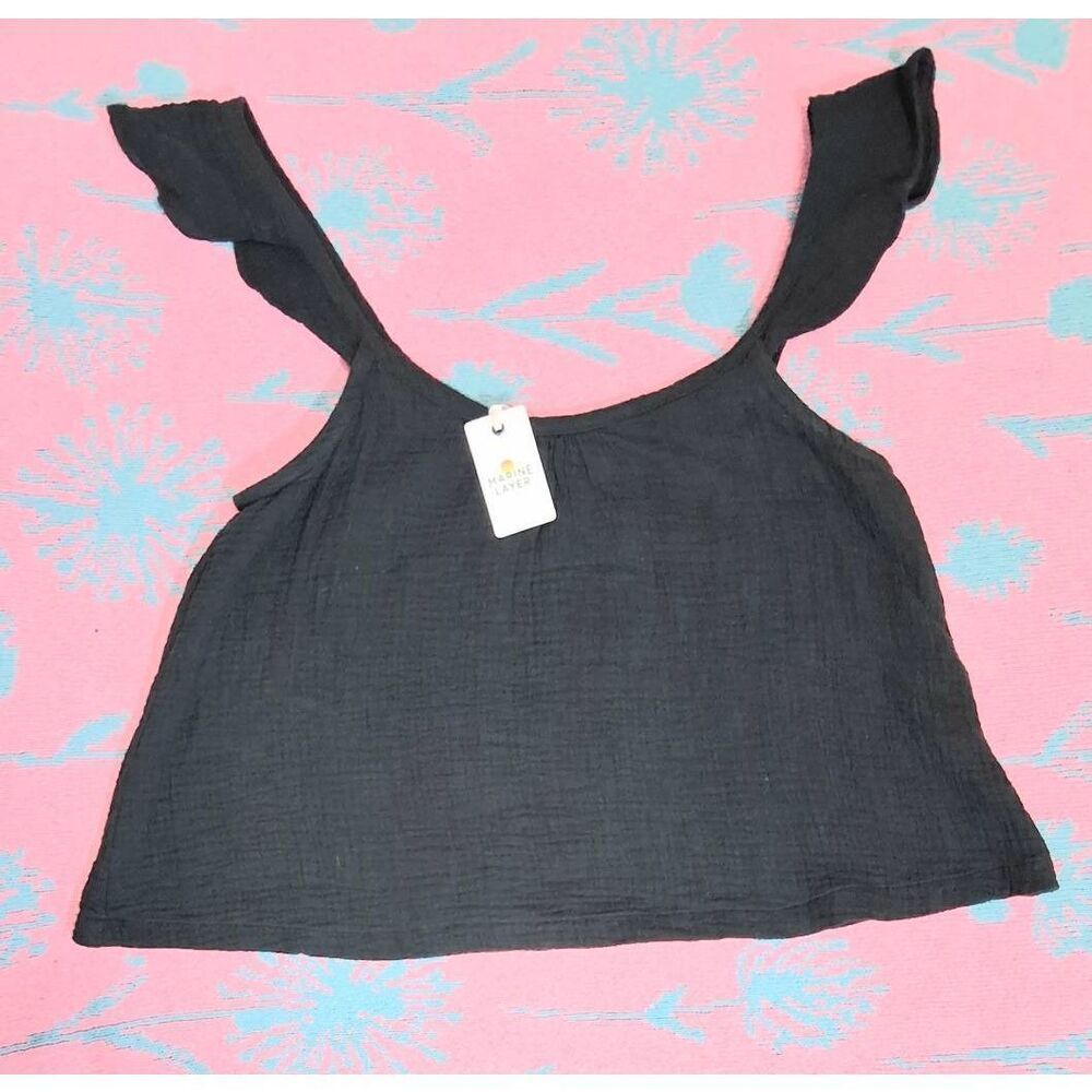 Marine layer womens small top black cropped gauzy cotton babydoll top cool airy